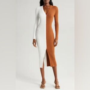 STAUD - Shoku Ribbed Color Block Maxi Dress color crem and white
